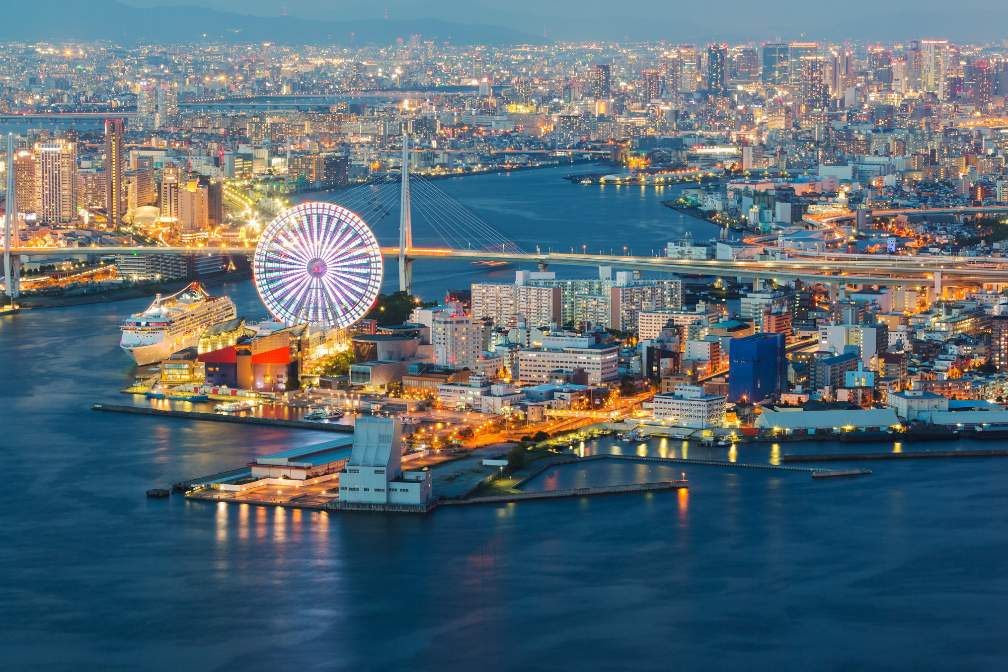 Osaka cityscape beautiful night view of Osaka Bay in Japan. view from cosmo tower.